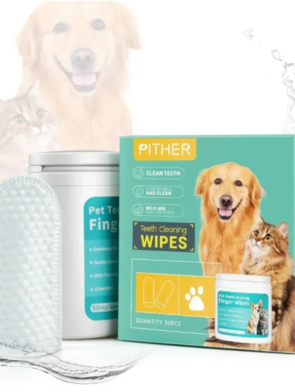 PITHER 🐶 Dog & Cat 😺 Teeth Cleaning Wipes 50 Count